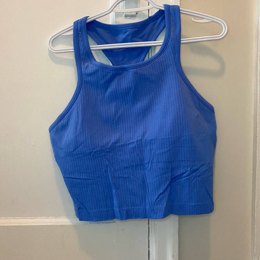 Blue Ribbed Racerback Crop Tank Top - Women